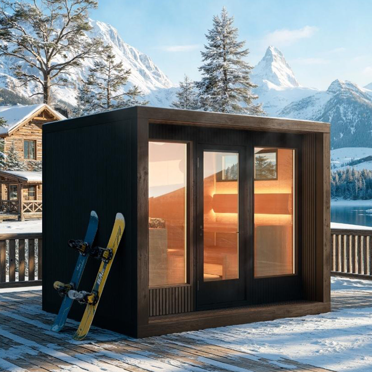 TAIVE Outdoor Sauna with 2 Small, 2 Large Windows & Face-to-Face TAIVE Hemlock Benches