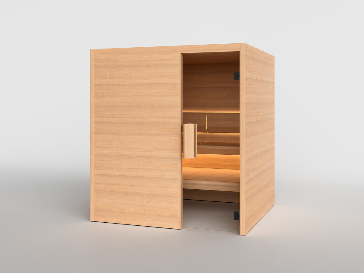 TAIVE cabin in Hemlock with the L-Divan bench and a closed front wall