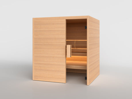 TAIVE cabin in Hemlock with the L-Divan bench and a closed front wall