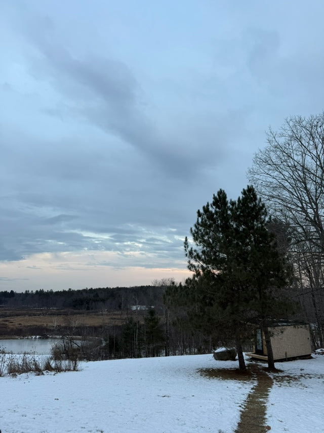 Searsmont, Maine custom sauna — snowy path past the sauna toward the field and pond below