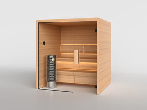 TAIVE cabin in Hemlock with the Basic two-tier bench behind a glass wall and door