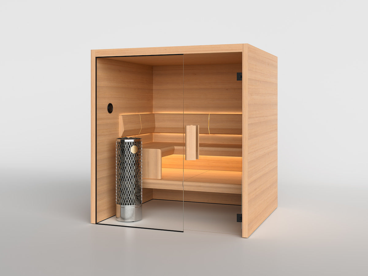 TAIVE cabin in Hemlock with the L-Divan bench and a glass wall and door