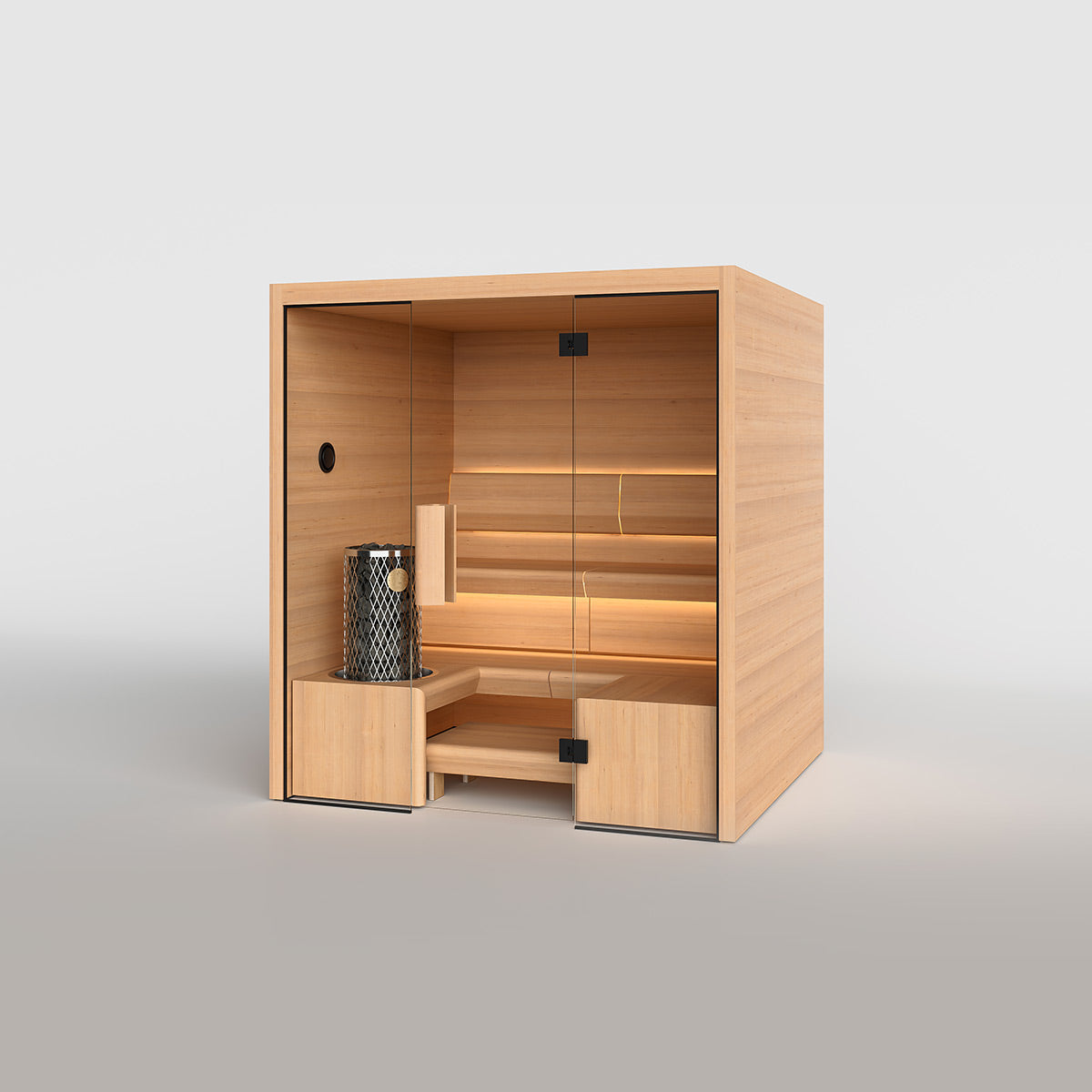 TAIVE indoor sauna cabin in Hemlock with the Exclusive bench and a full glass wall and door