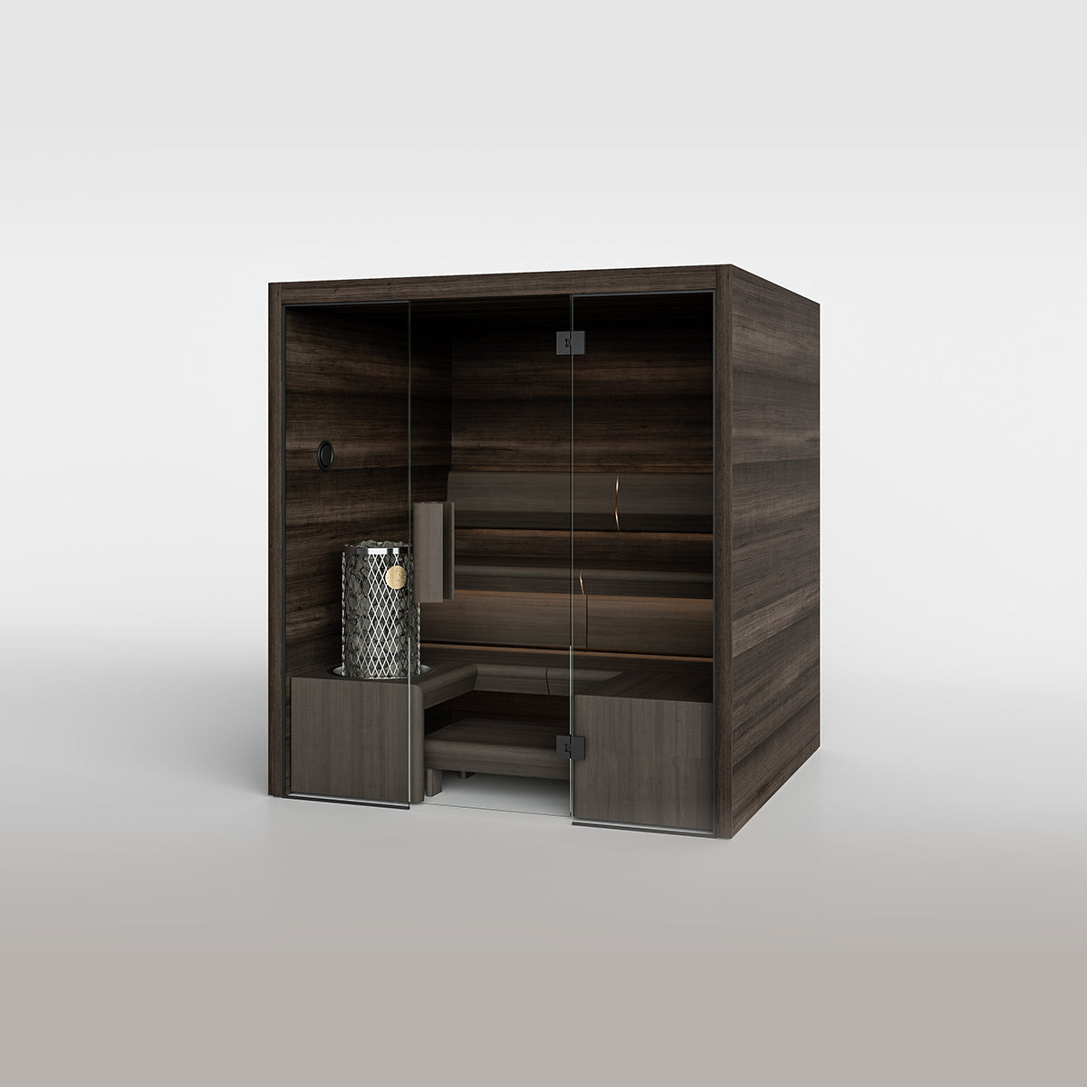 TAIVE indoor sauna cabin in Hiili with the Exclusive bench and a full glass wall and door