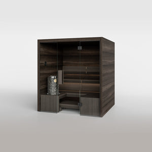 TAIVE indoor sauna cabin in Hiili with the Exclusive bench and a full glass wall and door