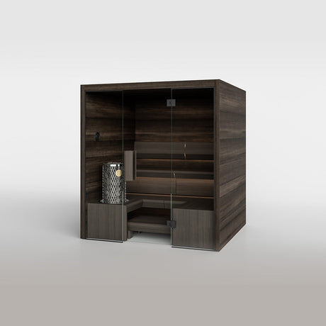TAIVE indoor sauna cabin in Hiili with the Exclusive bench and a full glass wall and door