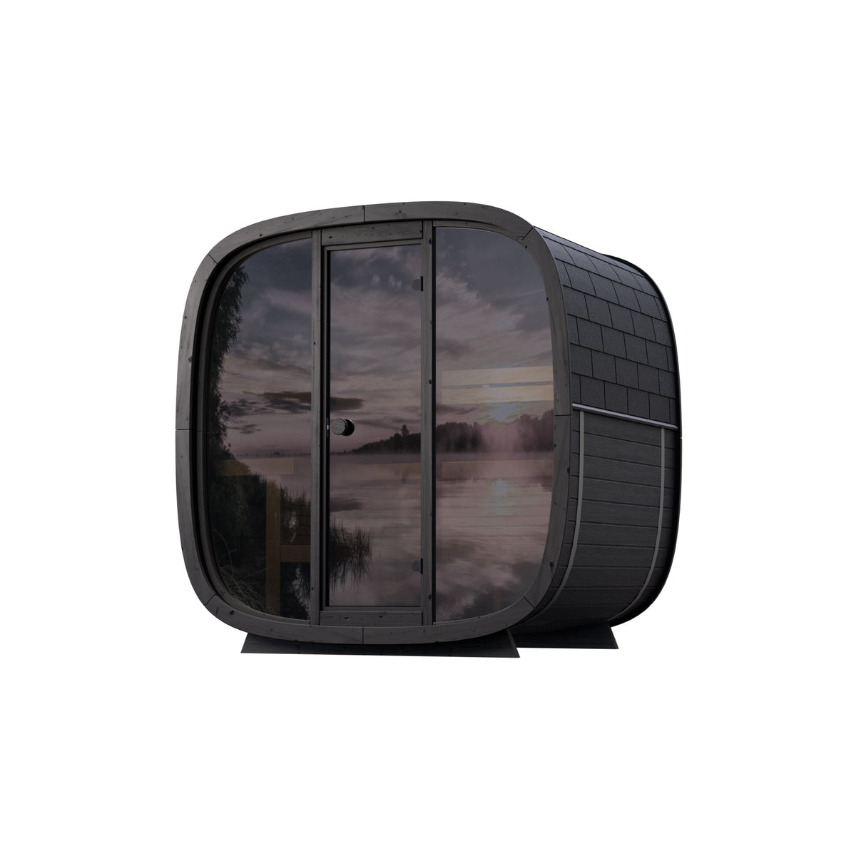 Leil Black Cube outdoor sauna, angle view