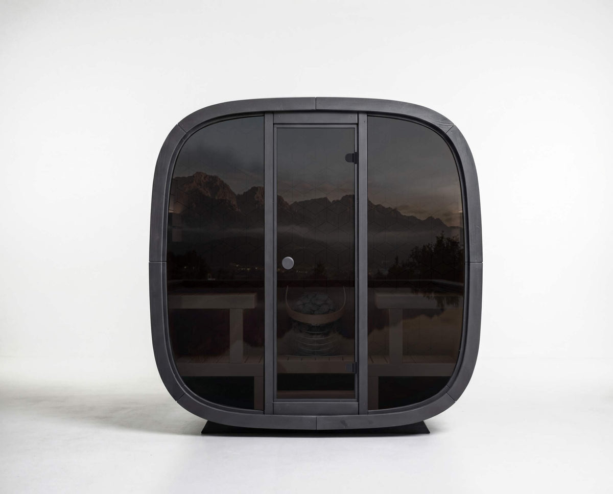 Leil Black Cube Premium outdoor sauna with hexagon deco wall