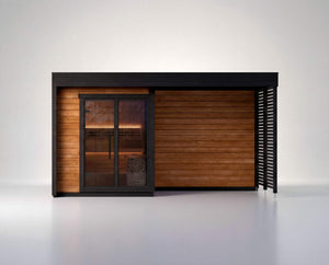 Leil Patio S Plus outdoor sauna with covered terrace