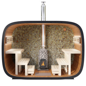 Leil Round Cube Single with juniper wall and wood-burning heater