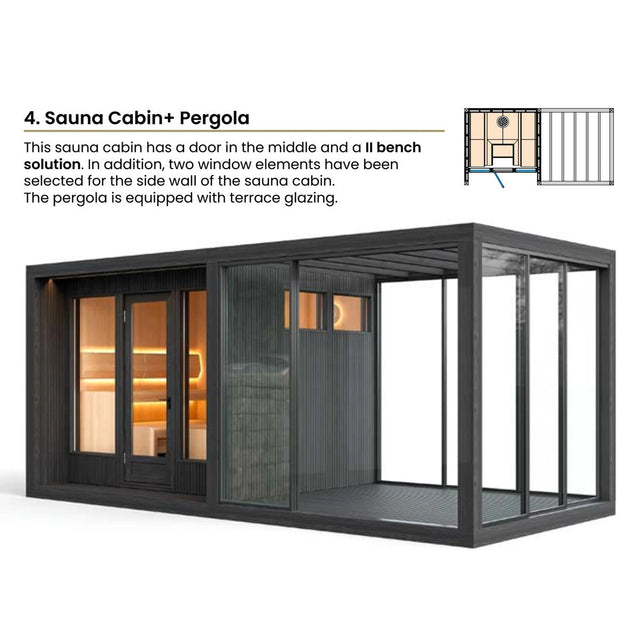 TAIVE pergola with wooden floor standing alongside the outdoor sauna cabin