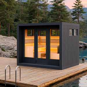 TAIVE Outdoor Sauna with 2 Large, 7 Small Windows L-Shape TAIVE Hemlock Bench