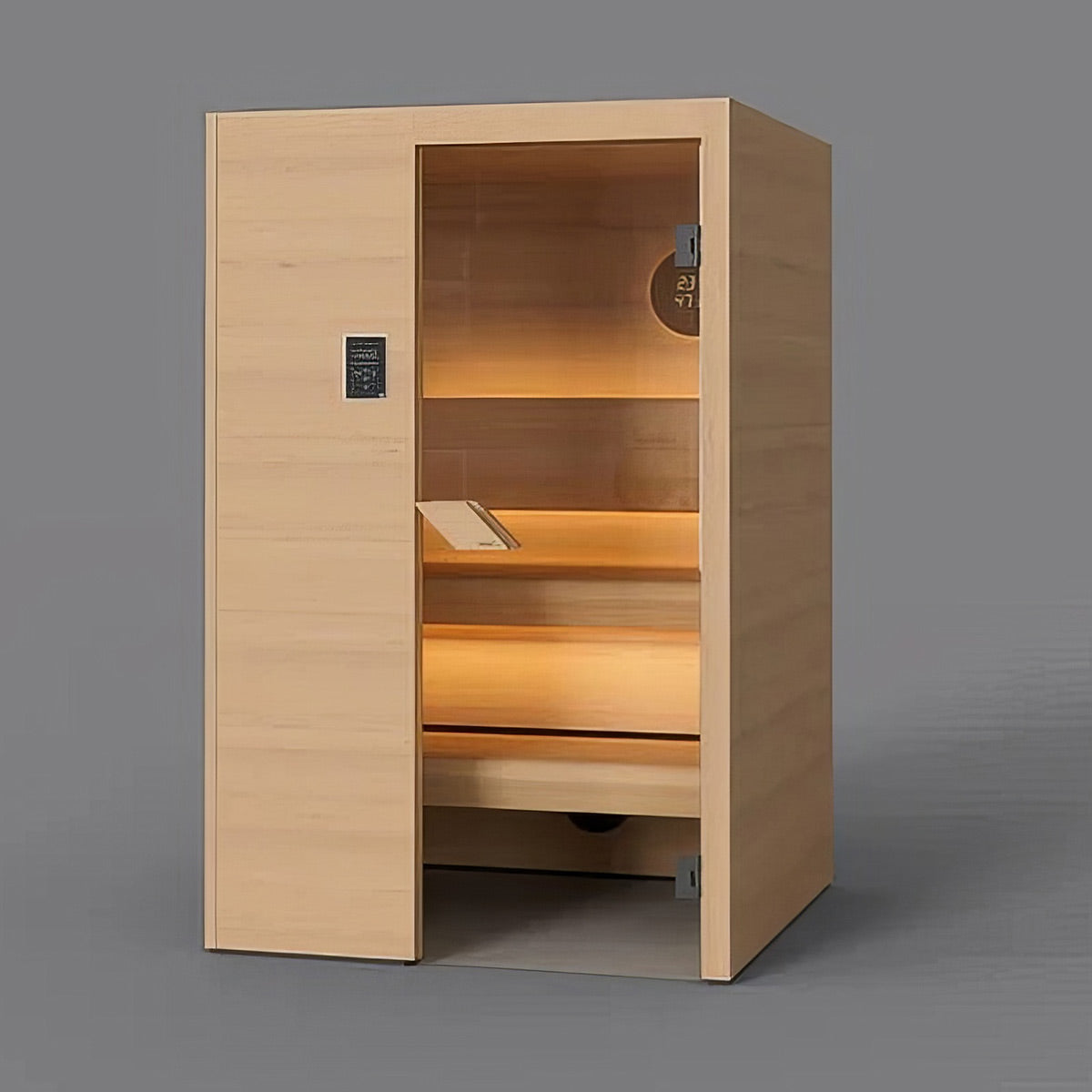 TAIVE single sauna cabin in untreated Hemlock, 49 by 47.8 inches, with a glass door