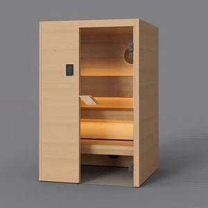 TAIVE single sauna cabin in untreated Hemlock, 49 by 47.8 inches, with a glass door