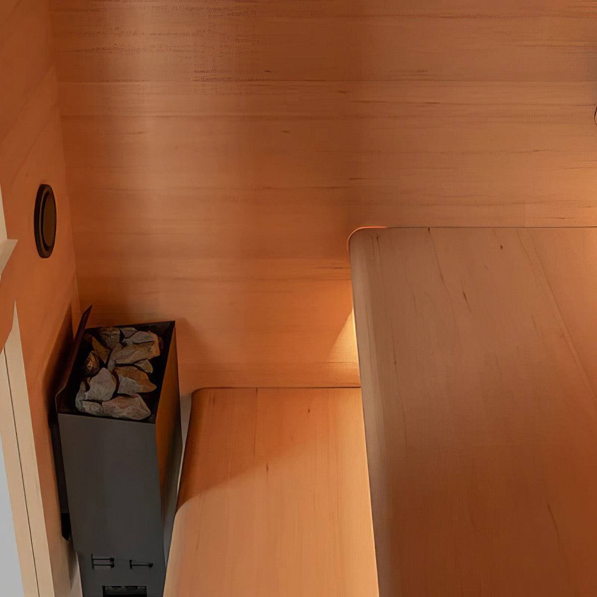 Interior of the TAIVE single sauna cabin showing the bench and backrest lighting
