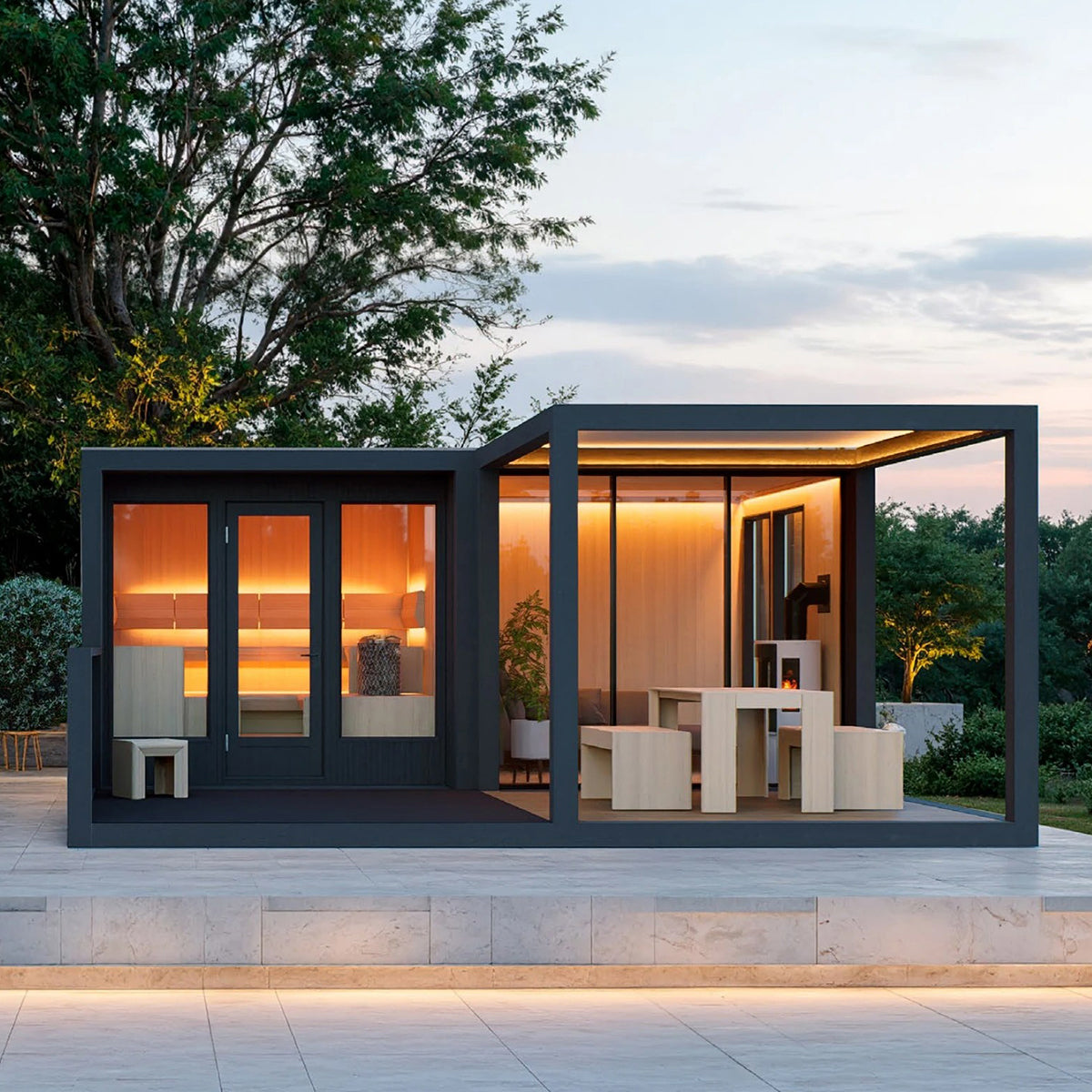 TAIVE Outdoor Sauna Ultimate Package with 2 Large Windows, Glass Door, TAIVE Hemlock Bench, Pergola & Open Deck