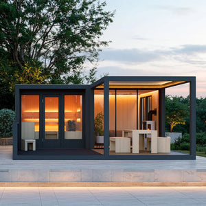 TAIVE Outdoor Sauna Ultimate Package with 2 Large Windows, Glass Door, TAIVE Hemlock Bench, Pergola & Open Deck