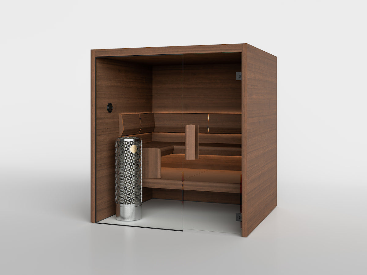 TAIVE cabin in Terva with the L-Divan bench and a glass wall and door