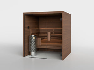TAIVE cabin in Terva with the L-Divan bench and a glass wall and door