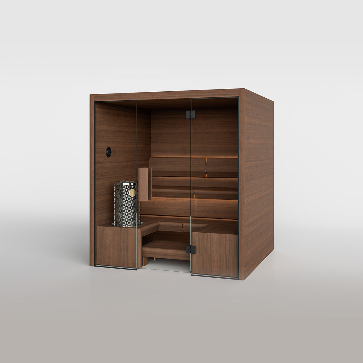 TAIVE indoor sauna cabin in Terva with the Exclusive bench and a full glass wall and door