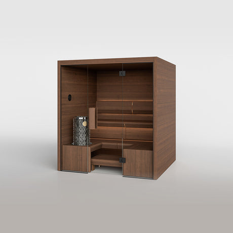 TAIVE indoor sauna cabin in Terva with the Exclusive bench and a full glass wall and door