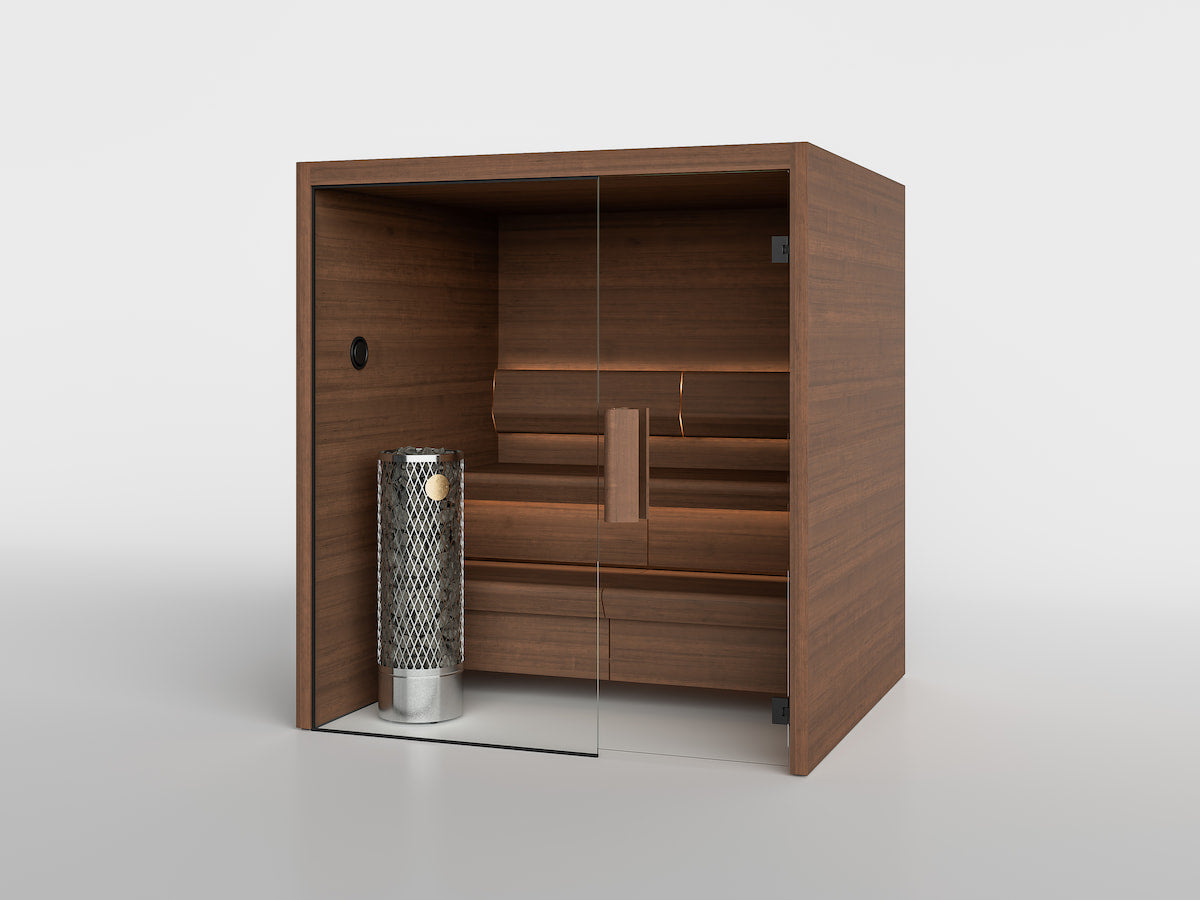TAIVE cabin in Terva with the Basic bench behind a glass wall and door